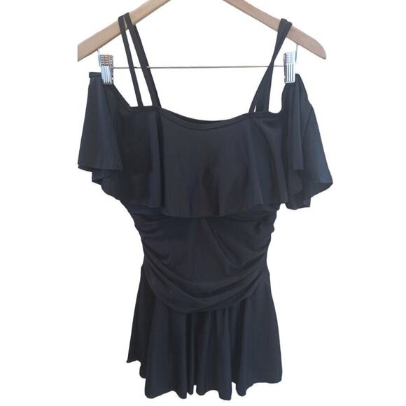 Off Shoulder One Piece Short Swimsuit Black Womens Medium - Picture 1 of 3